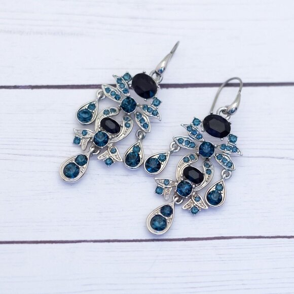 Vintage Blue Rhinestones Abstract Silver Tone Dangle Earrings by Monet - S33 - Picture 1 of 2